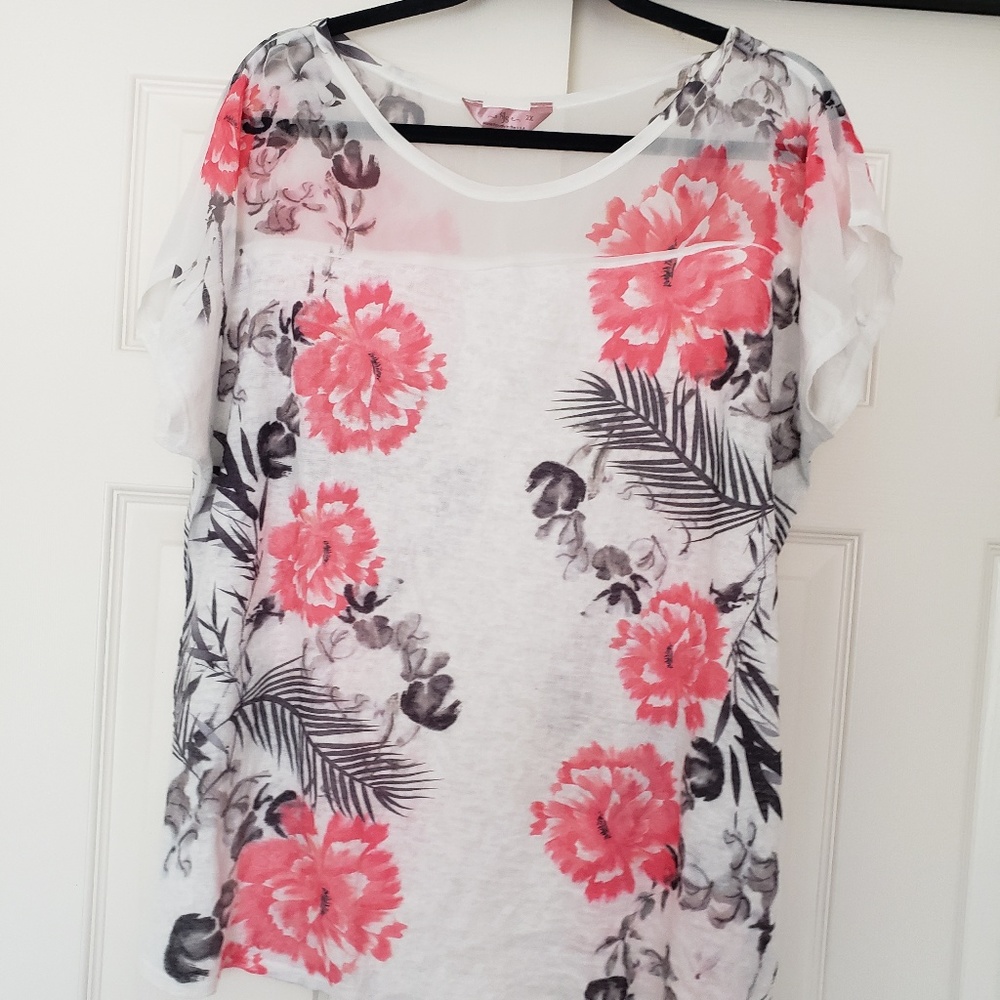 Floral Knit/ Chiffon yoke  t-shirt top